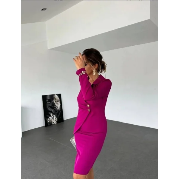 Kadın Ceket Yaka Düğme Detaylı Atlas Kumaş Elbise