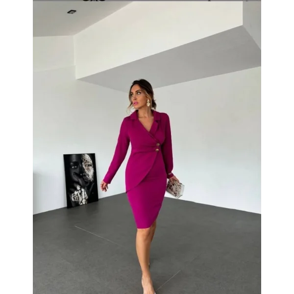 Kadın Ceket Yaka Düğme Detaylı Atlas Kumaş Elbise