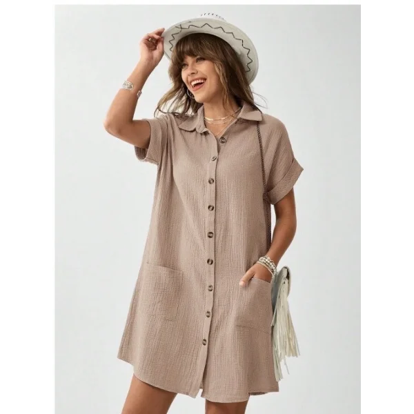 Kadın Cep Detay Müslin Kumaş Mini Gömlek Elbise