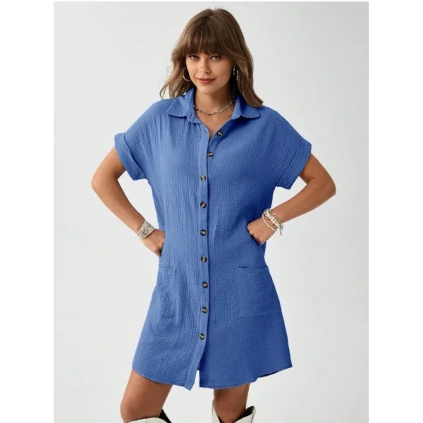 Kadın Cep Detay Müslin Kumaş Mini Gömlek Elbise