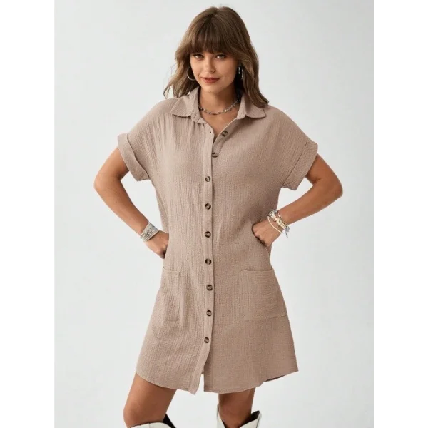 Kadın Cep Detay Müslin Kumaş Mini Gömlek Elbise