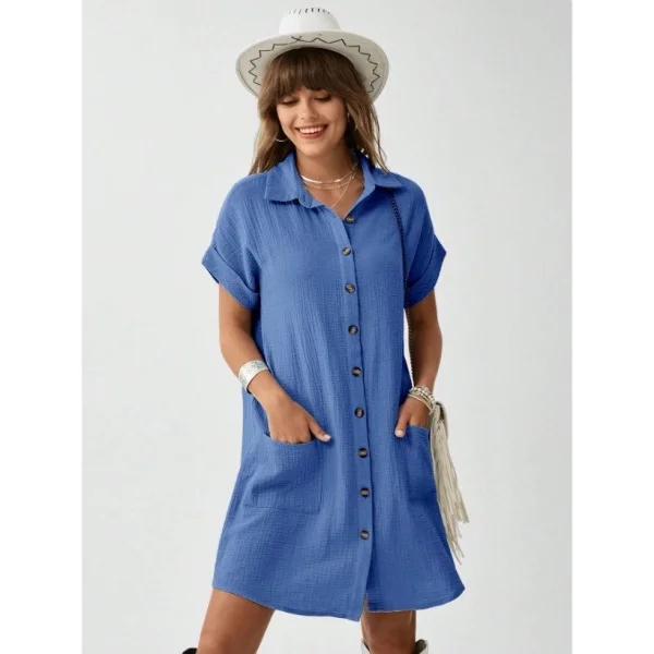 Kadın Cep Detay Müslin Kumaş Mini Gömlek Elbise