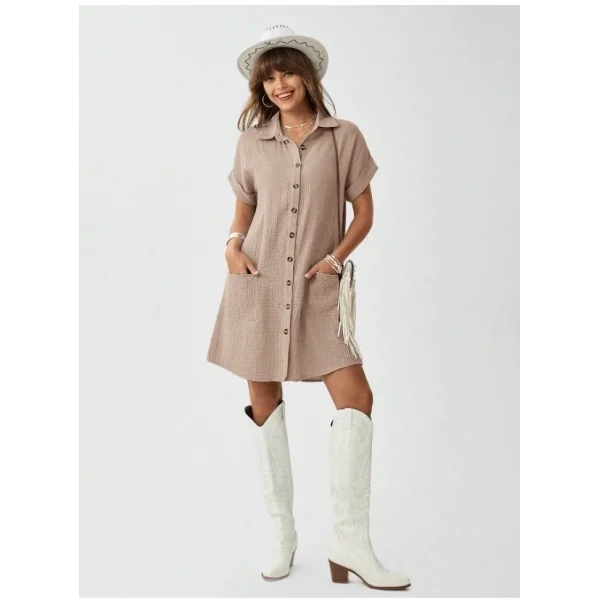 Kadın Cep Detay Müslin Kumaş Mini Gömlek Elbise