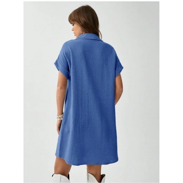 Kadın Cep Detay Müslin Kumaş Mini Gömlek Elbise