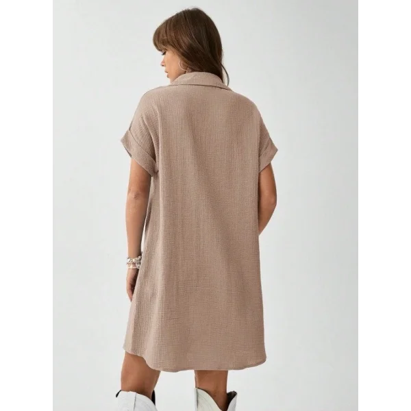 Kadın Cep Detay Müslin Kumaş Mini Gömlek Elbise