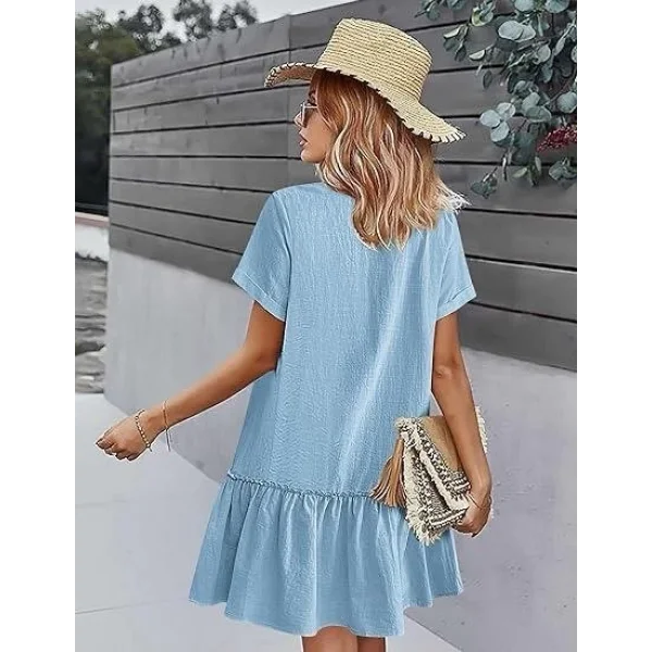 Kadın Cep Detaylı Düğmeli Vıskon Keten Kumaş Elbise