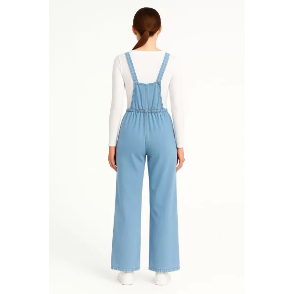 Kadın Chambray Açık Mavi Denim Görünümlü Geniş Paça Salopet Tulum - Mavi