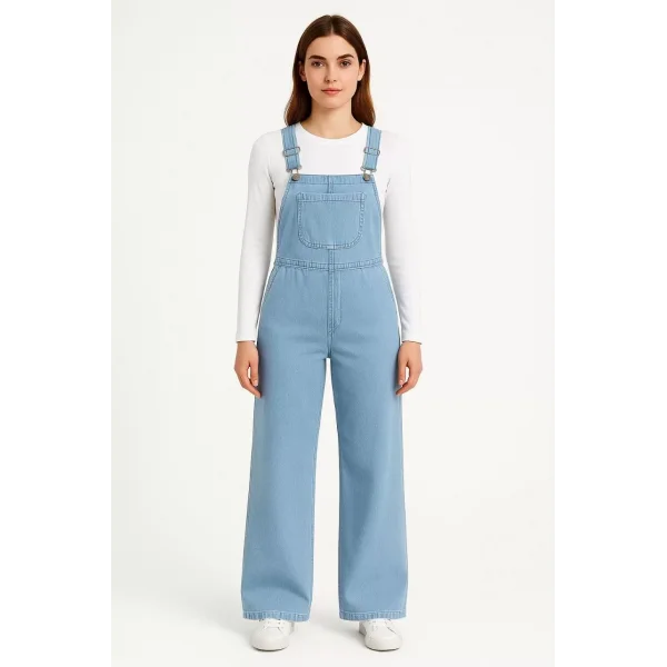 Kadın Chambray Açık Mavi Denim Görünümlü Geniş Paça Salopet Tulum - Mavi