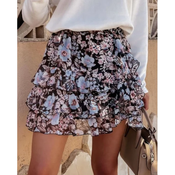 Kadın Çiçek Baskılı Şifon Etek