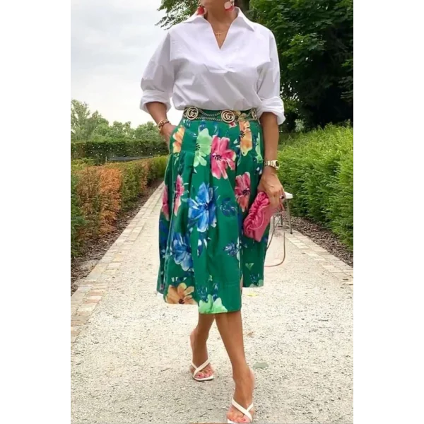 Kadın çiçek Desen Baskılı Pileli Süprem Kumaş Midi Etek (kemersiz)