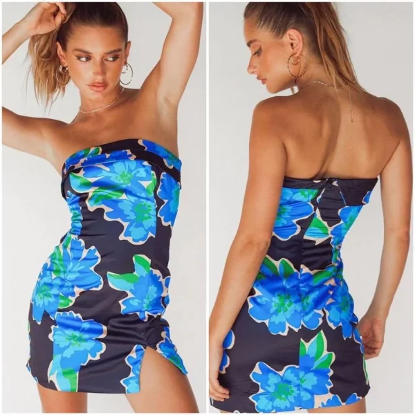 Kadın çiçek Deseni Yırtmaç Detay Fırsat ürün ini traplez Elbise