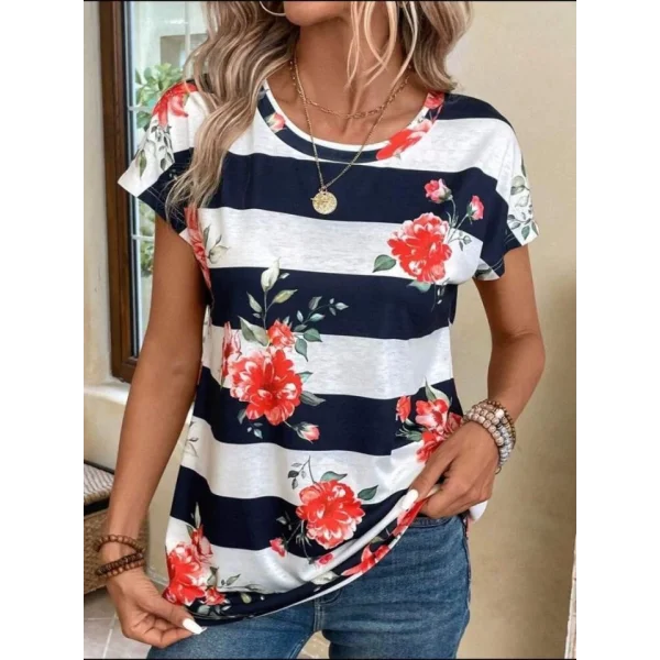Kadın Çiçek Desenli Yatay Şeritli Bisiklet Yaka Tişört