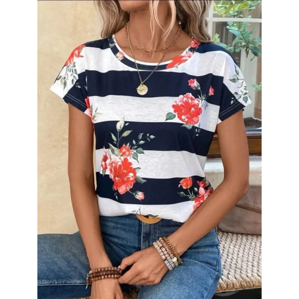 Kadın Çiçek Desenli Yatay Şeritli Bisiklet Yaka Tişört