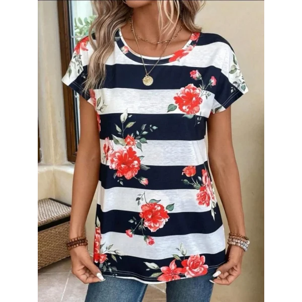 Kadın Çiçek Desenli Yatay Şeritli Bisiklet Yaka Tişört