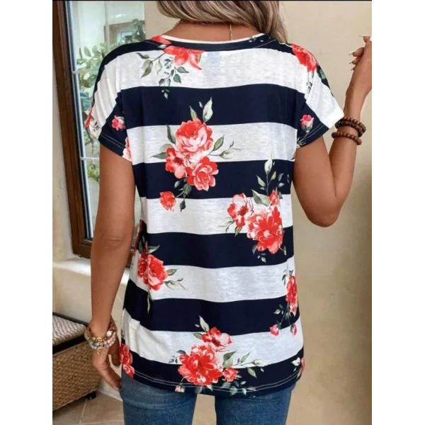 Kadın Çiçek Desenli Yatay Şeritli Bisiklet Yaka Tişört