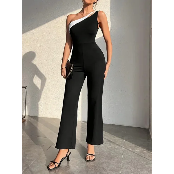 Kadın çift Renkli Tek Omuz Detay Ithal Krep Tulum (kemersiz)