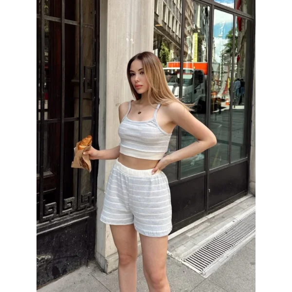 Kadın çixgi Detay Büstiyer Ve şort Ikili Takım