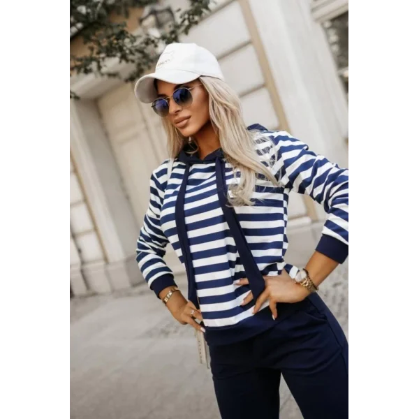 Kadın Çizgi Baskılı, Kapüşonlu İki İplik Kumaş Takım