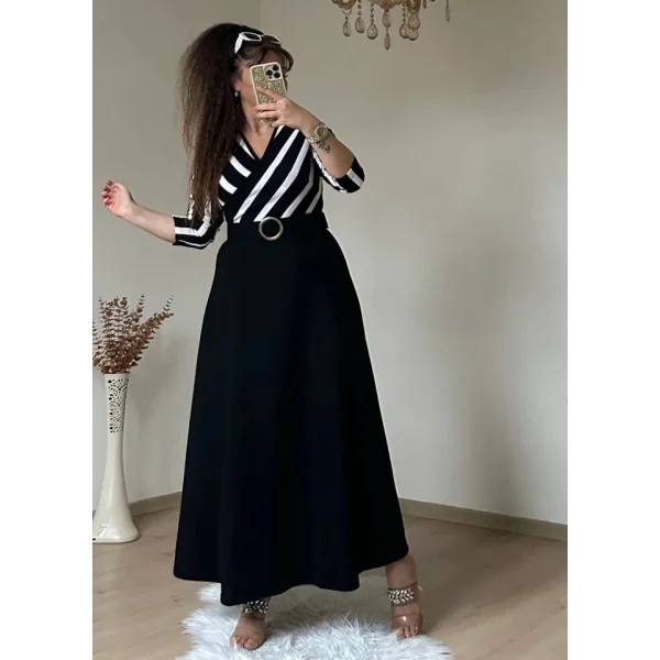 Kadın çizgi Detay Kruvaze Yaka Maxi Boy Triko Elbise