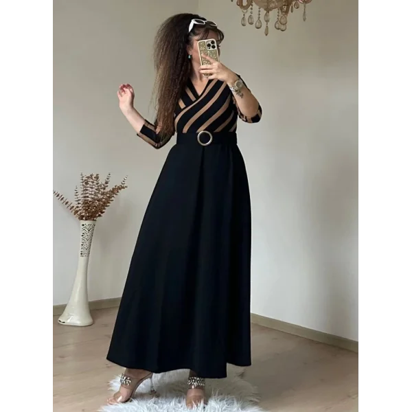 Kadın çizgi Detay Kruvaze Yaka Maxi Boy Triko Elbise