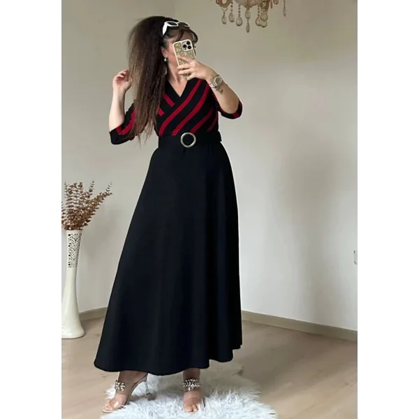 Kadın çizgi Detay Kruvaze Yaka Maxi Boy Triko Elbise