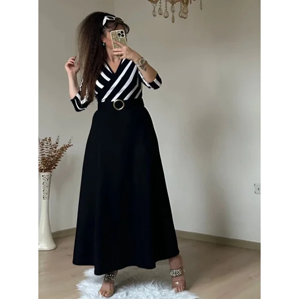 Kadın çizgi Detay Kruvaze Yaka Maxi Boy Triko Elbise