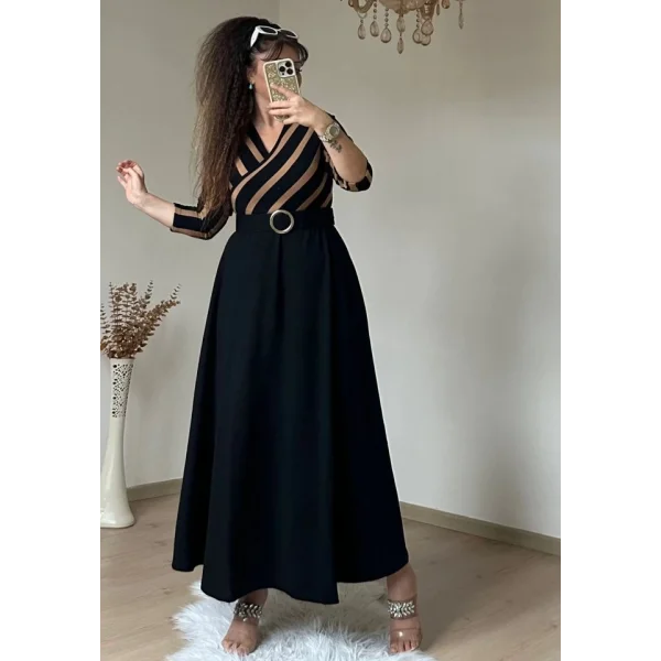 Kadın çizgi Detay Kruvaze Yaka Maxi Boy Triko Elbise