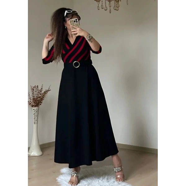 Kadın çizgi Detay Kruvaze Yaka Maxi Boy Triko Elbise