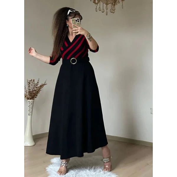 Kadın çizgi Detay Kruvaze Yaka Maxi Boy Triko Elbise