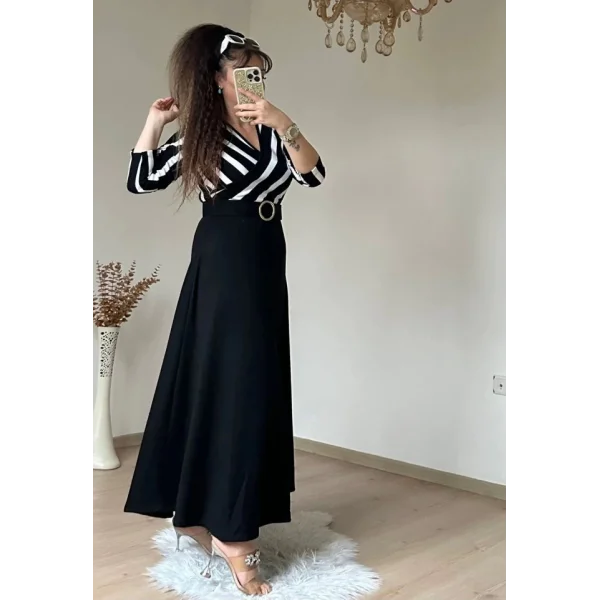 Kadın çizgi Detay Kruvaze Yaka Maxi Boy Triko Elbise