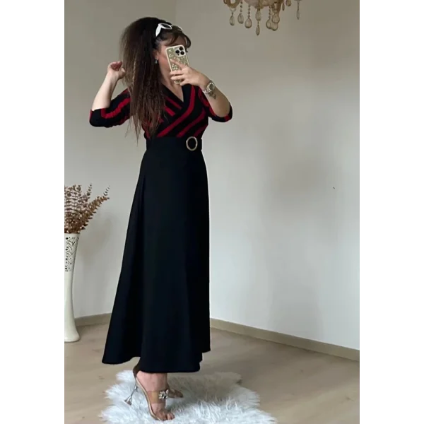 Kadın çizgi Detay Kruvaze Yaka Maxi Boy Triko Elbise