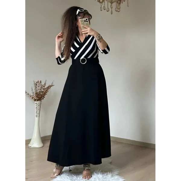 Kadın çizgi Detay Kruvaze Yaka Maxi Boy Triko Elbise