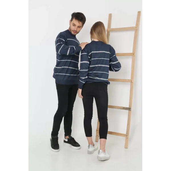 Kadın Çizgili Nakışlı Kazak - Mavi