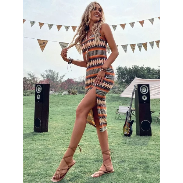 Kadın çok Renkli Yırtmaçlı Dizde Süprem Elbise