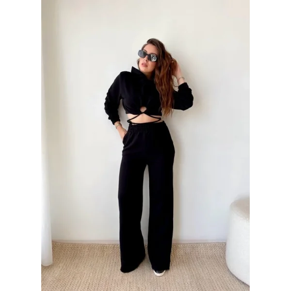 Kadın Crop Bağlama Detaylı Eşofman Takımı