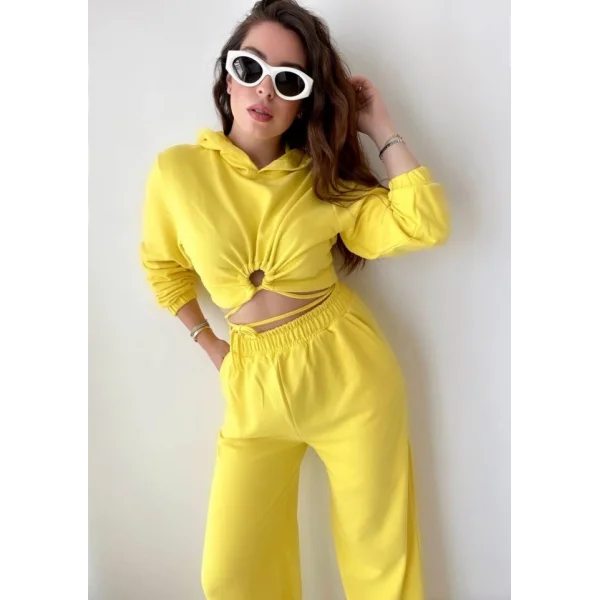 Kadın Crop Bağlama Detaylı Eşofman Takımı