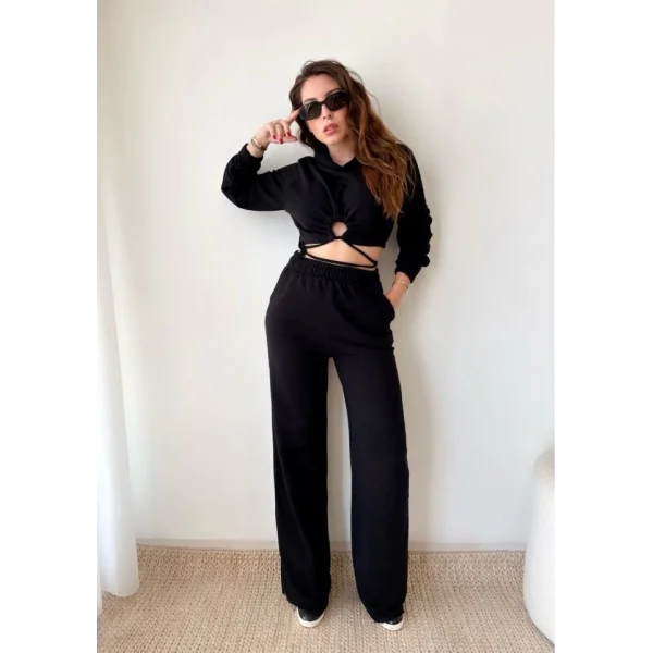 Kadın Crop Bağlama Detaylı Eşofman Takımı