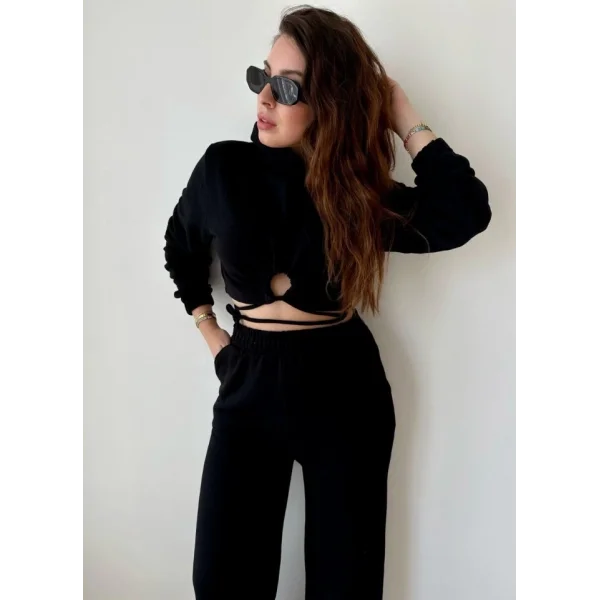 Kadın Crop Bağlama Detaylı Eşofman Takımı