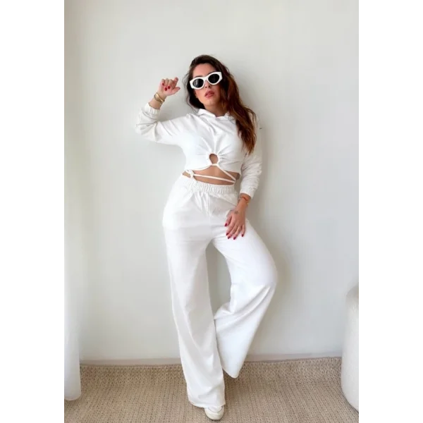 Kadın Crop Bağlama Detaylı Eşofman Takımı