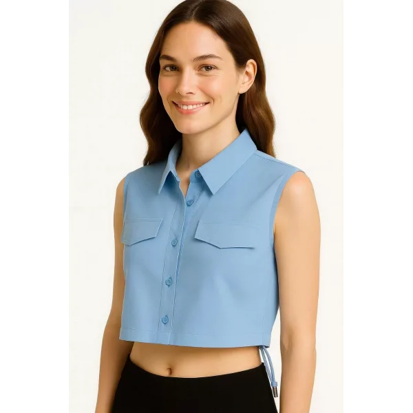 Kadın Crop Poplin Gömlek Yalancı Cepli, Ayarlanabilir Yan Kordonlu, - Bebe Mavisi