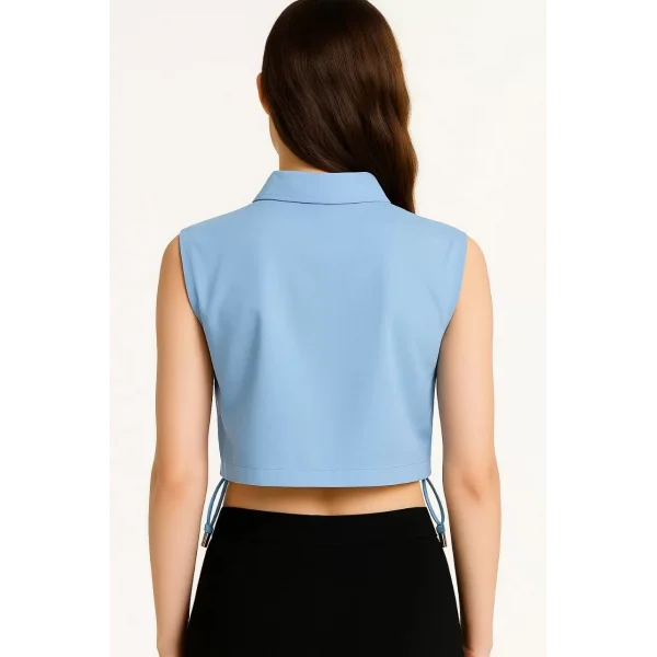 Kadın Crop Poplin Gömlek Yalancı Cepli, Ayarlanabilir Yan Kordonlu, - Bebe Mavisi