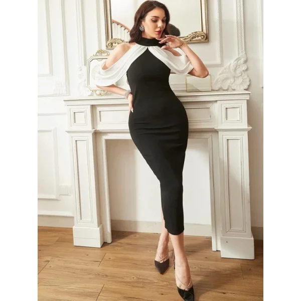 Kadın Daire Yakalı Omuzlardan Kollara Yayılan Kanat Detaylı çift Renkli Uzun Ithal Krep Elbise