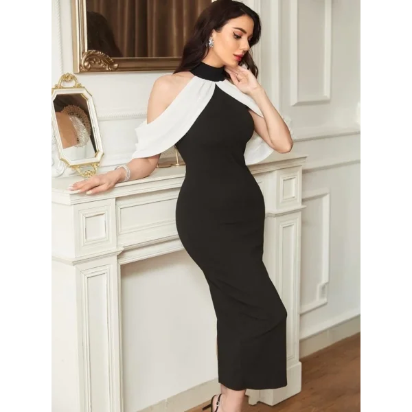 Kadın Daire Yakalı Omuzlardan Kollara Yayılan Kanat Detaylı çift Renkli Uzun Ithal Krep Elbise