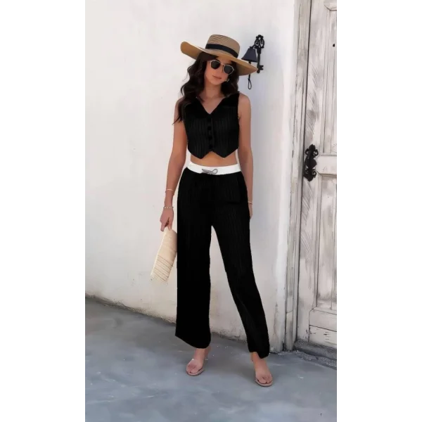 Kadın Dalgıç Krep Düğmeli Yelek Takım