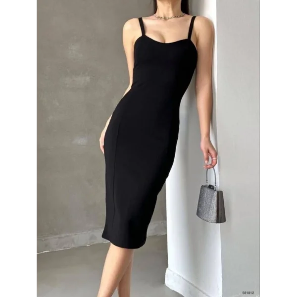 Kadın Dalgıç Krep Kumaş Askılı Midi Boy Elbise