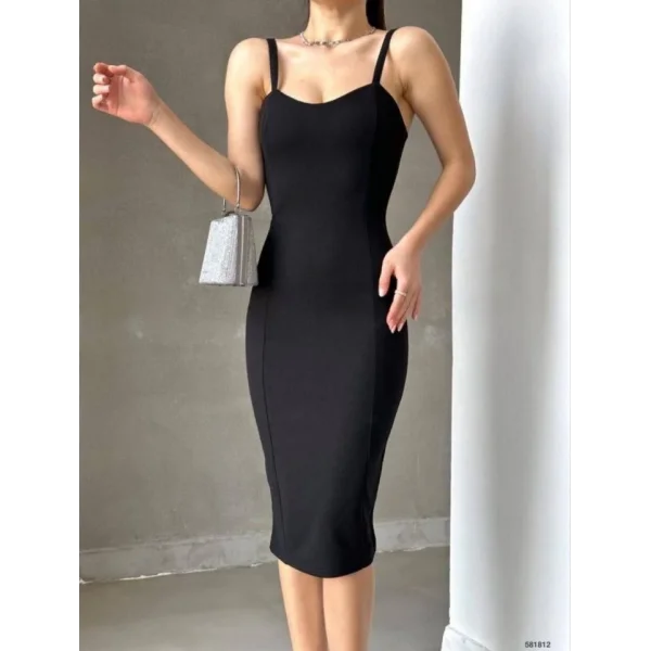 Kadın Dalgıç Krep Kumaş Askılı Midi Boy Elbise