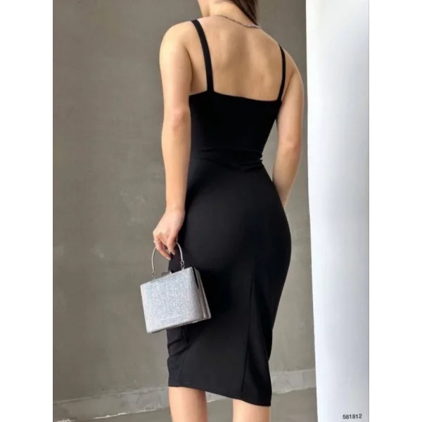 Kadın Dalgıç Krep Kumaş Askılı Midi Boy Elbise