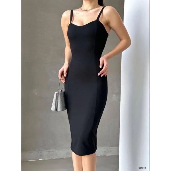 Kadın Dalgıç Krep Kumaş Askılı Midi Boy Elbise