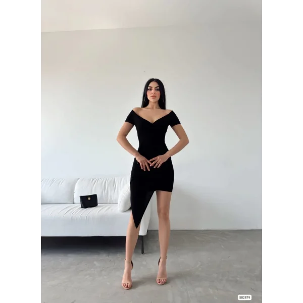 Kadın Dalgıç Krep Kumaş Kayık Yaka Kruvaze Etek Detaylı Elbise