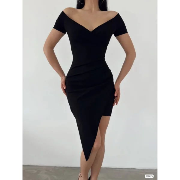 Kadın Dalgıç Krep Kumaş Kayık Yaka Kruvaze Etek Detaylı Elbise